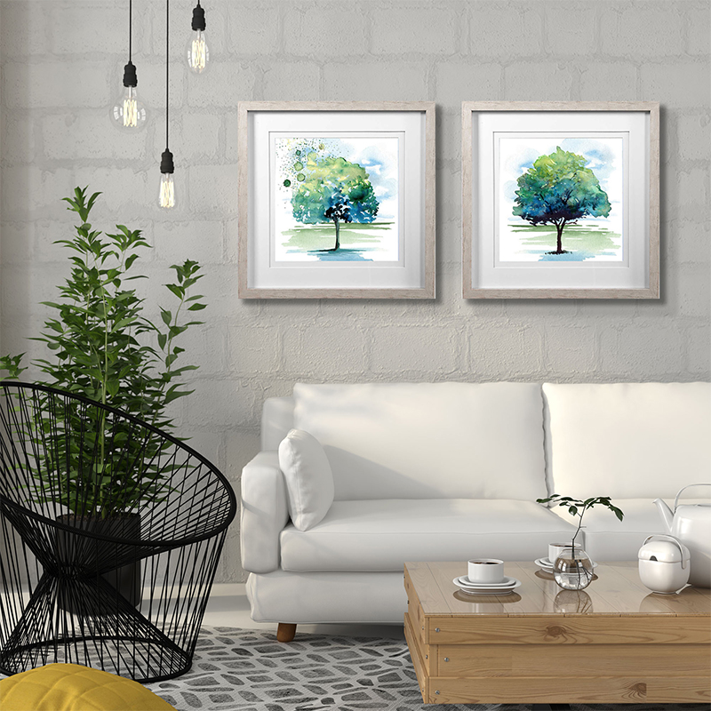Set Of 2 Watercolor Trees Framed Underglass Art
