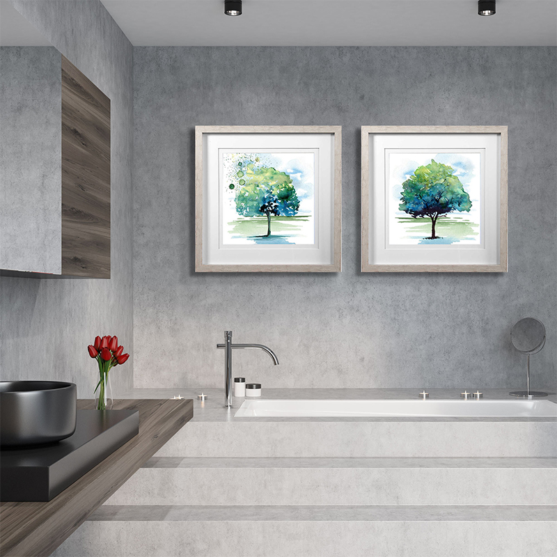 Set Of 2 Watercolor Trees Framed Underglass Art