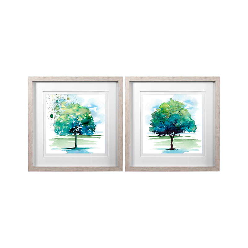 Set Of 2 Watercolor Trees Framed Underglass Art