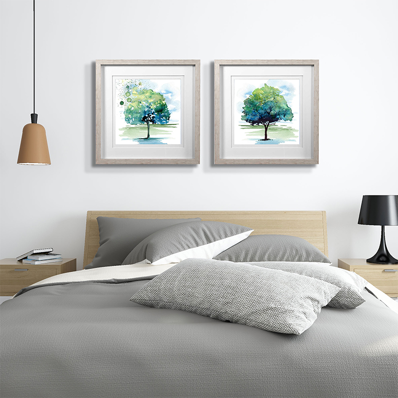 Set Of 2 Watercolor Trees Framed Underglass Art