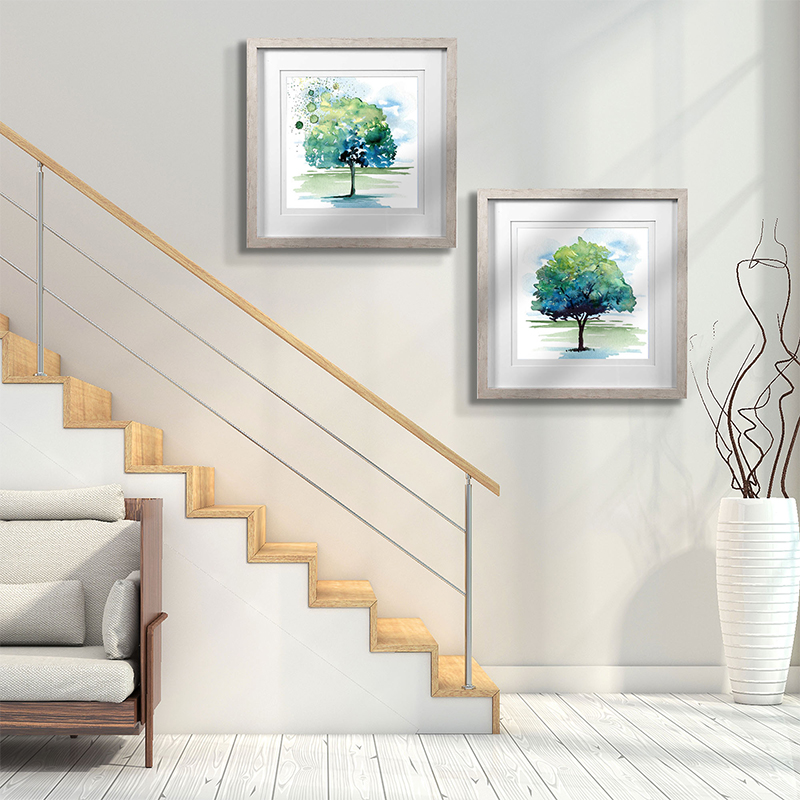 Set Of 2 Watercolor Trees Framed Underglass Art