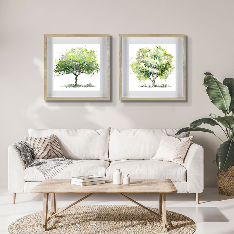 Set of 2 Green Trees Framed Underglass Art
