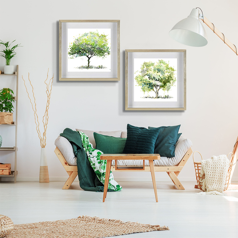 Set of 2 Green Trees Framed Underglass Art