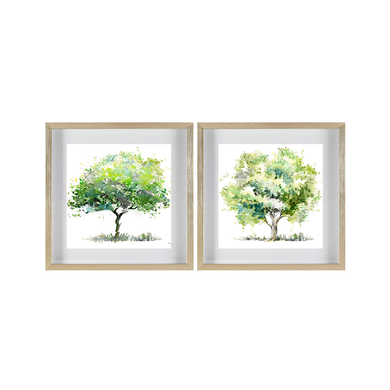 Set of 2 Green Trees Framed Underglass Art