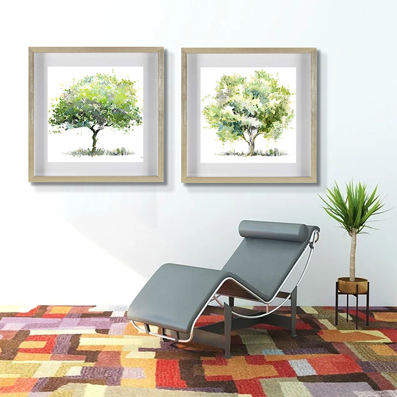 Set of 2 Green Trees Framed Underglass Art