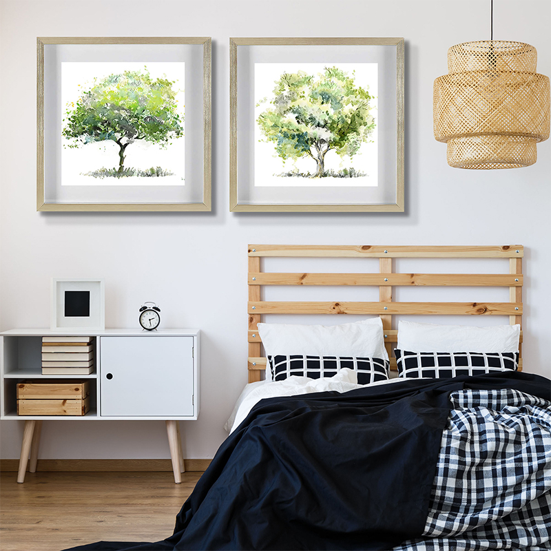 Set of 2 Green Trees Framed Underglass Art