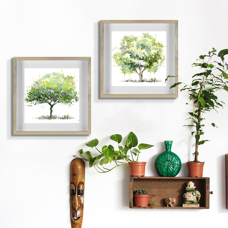 Set of 2 Green Trees Framed Underglass Art